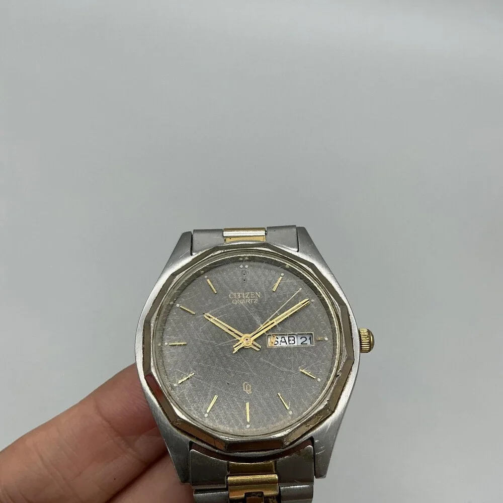 Vintage Citizen Men Watch 35mm Gray Dial Two Tone Day Date For Parts Not Running